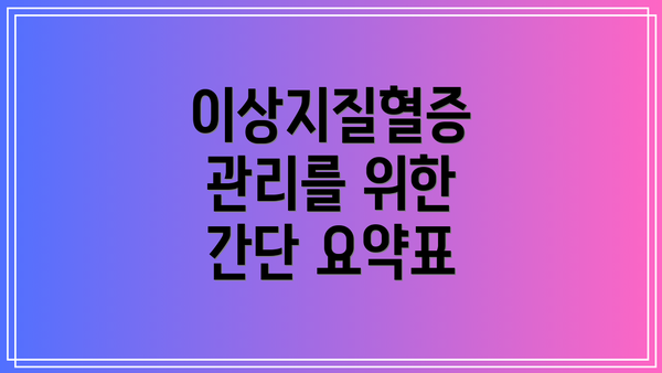 이상지질혈증 관리를 위한 간단 요약표